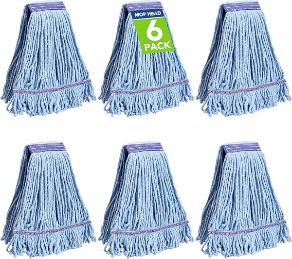 6 Pack Commercial Mop Head Replacement – Heavy Duty Mop Head for General and Floor Cleaning | Industrial Wet Mops | Washable Refill, Reusable, Looped End Mopheads | Hardwood, Concrete