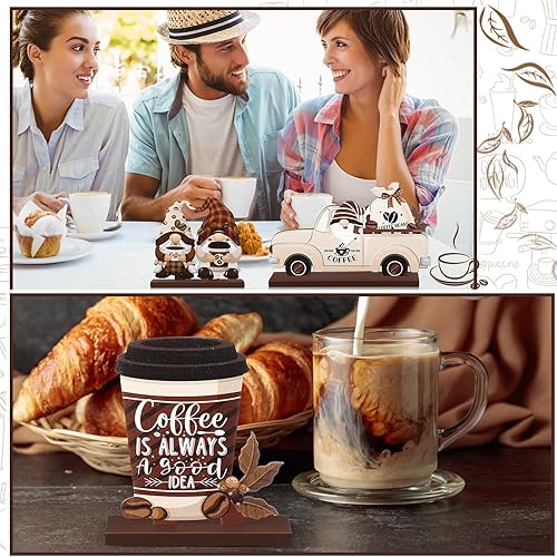 Miniatura 6 de Blosssound 6 Pcs Coffee Bar Decor Sign Coffee Bar Accessories Farmhouse Gnomes Rustic Table Centerpiece Wood Tiered Tray Decor Table Signs for Home