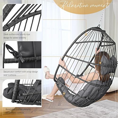 Miniatura 3 de BULEXYARD Silla columpio para exteriores sin soporte para dormitorio, silla de techo interior, silla colgante de árbol de mimbre con cojín y cadena