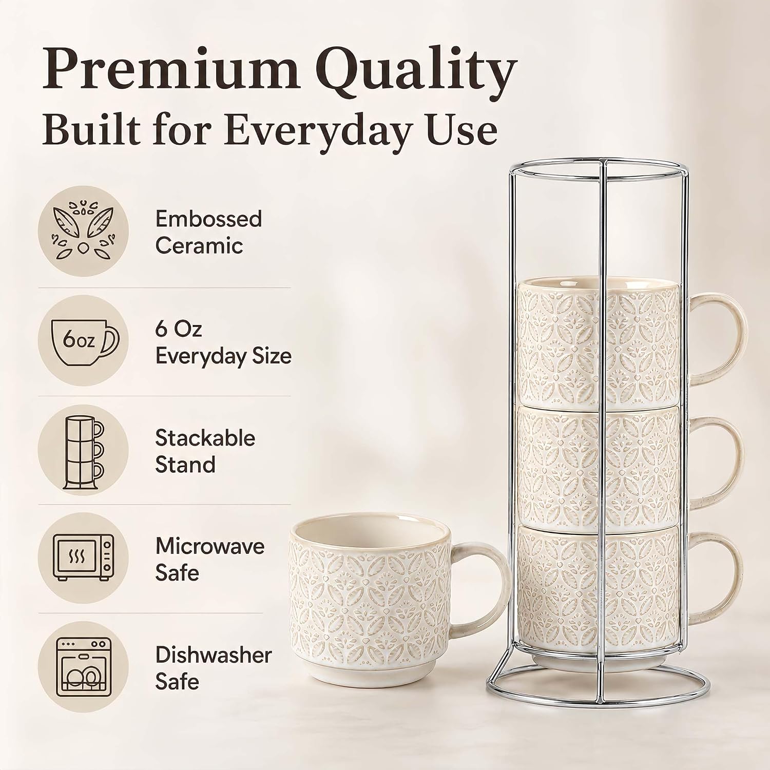 6 Oz Coffee Mugs with Stand, Stackable Ceramic Espresso Cups Set of 4, Embossed Coffee Cups Sets, Porcelain Cappuccino for Latte, Cocoa, Mocha, Tea, Dishwasher Safe, Vintage White