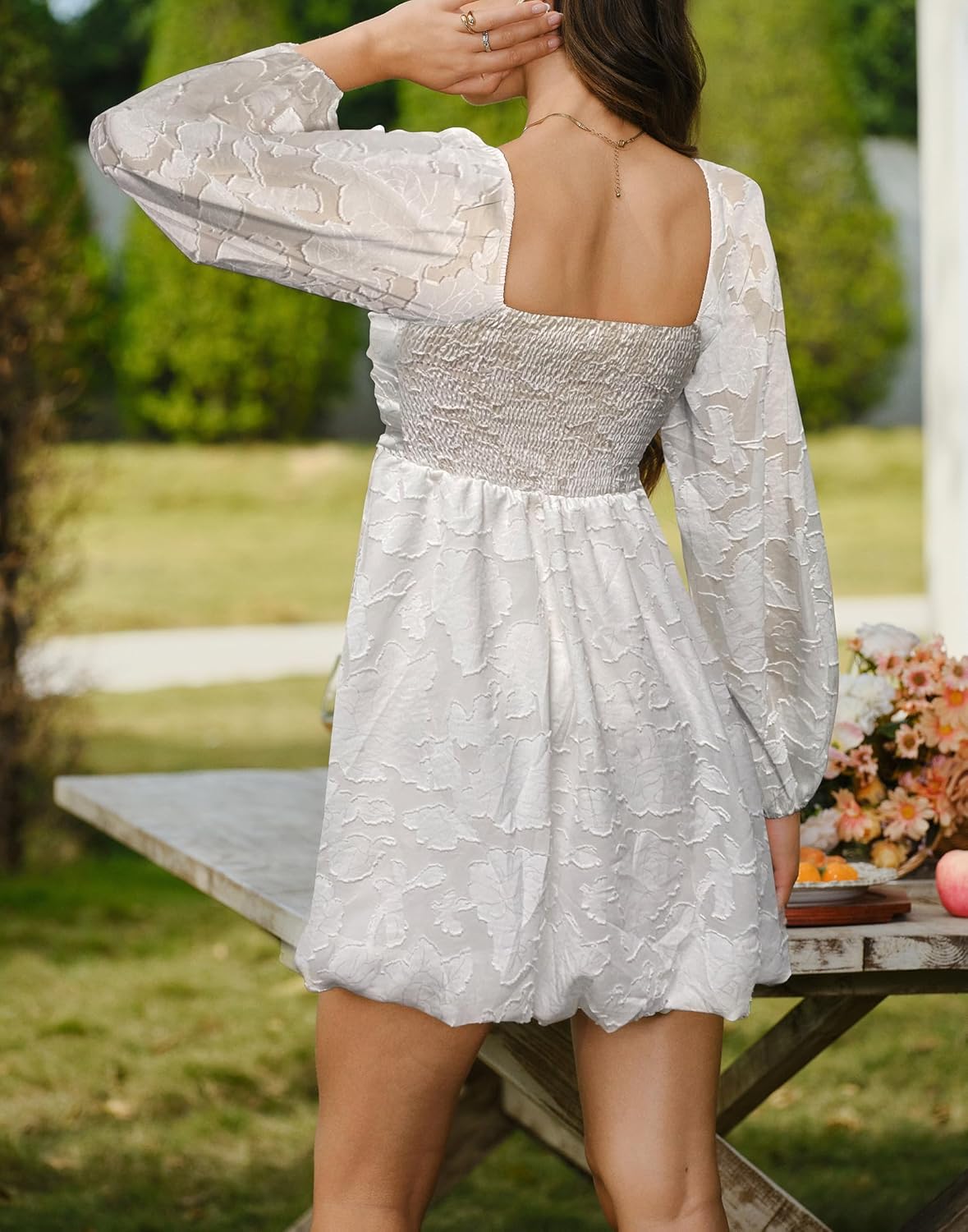 HYPERFIRE Women's Floral Square Neck Bubble Mini Dress Long Sleeve Smocked Pleated A Line Formal Short Dresses Wedding Guest - Image 2