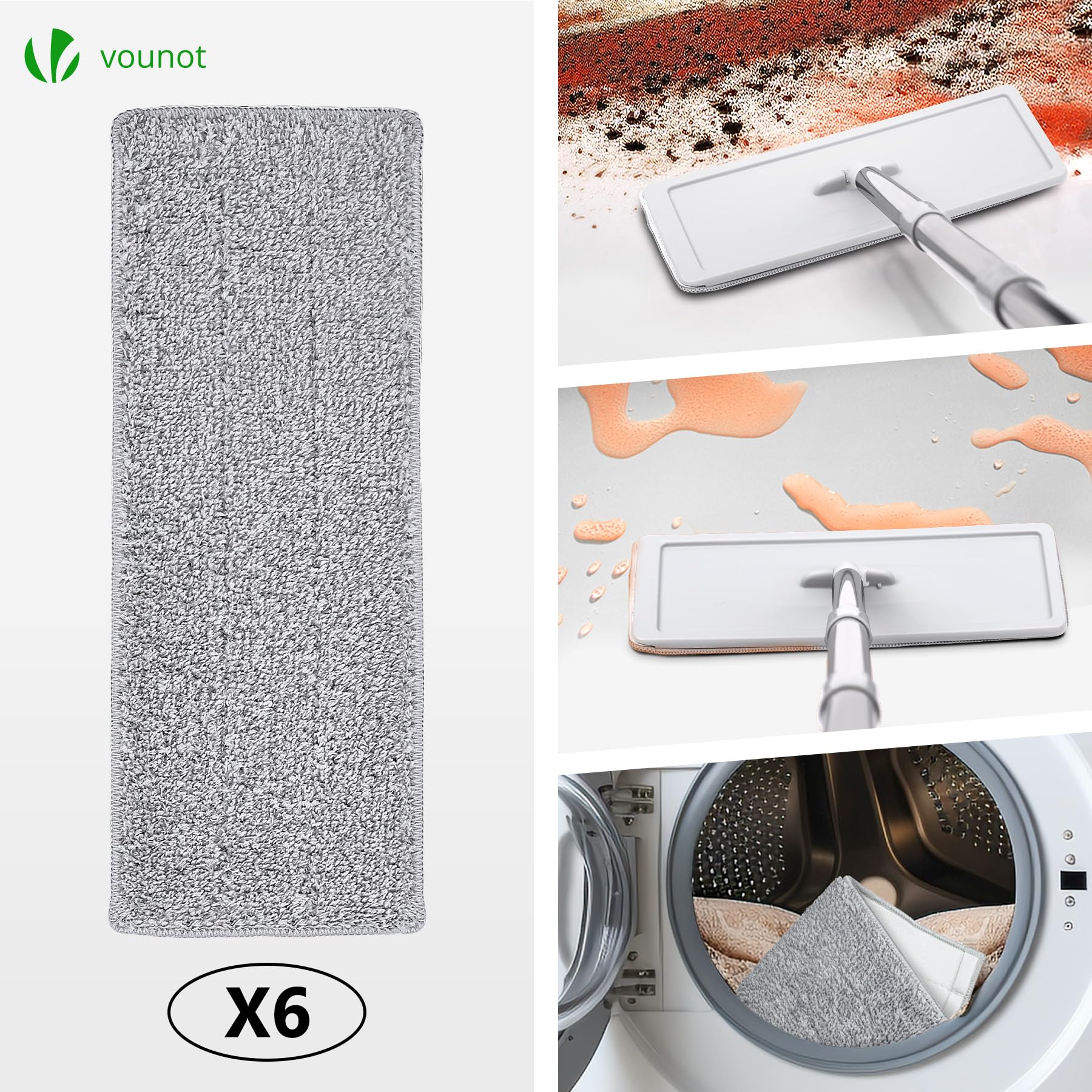 VOUNOT® Juego de Fregona y Cubo Escurridor 2 Compartimentos, Mopa Plana Microfibra con 6 Almohadillas Reutilizables, Trapeador Giratorio 360° Limpieza Suelos Madera, Laminado, Baldosas y Mármol Blanco