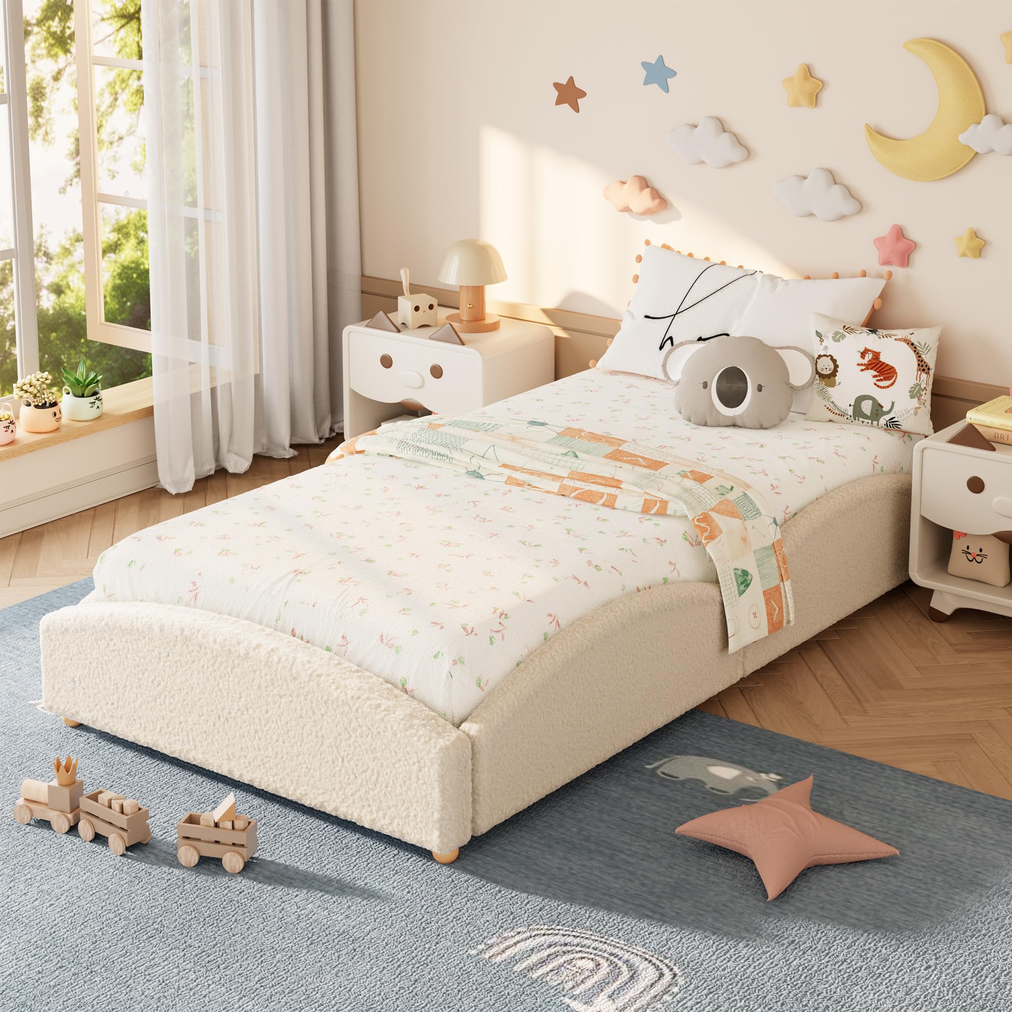 Garvee Twin Size Bed Frame for Kids, Beige
