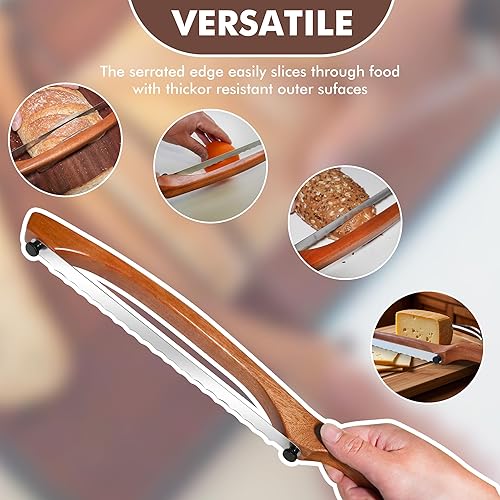 Miniatura 12 de Cuchillo de pan, cuchillo de bagel dentado de madera de 16 pulgadas, diseño de lazo de violín fácil de cortar, cortador de masa madre para bagels