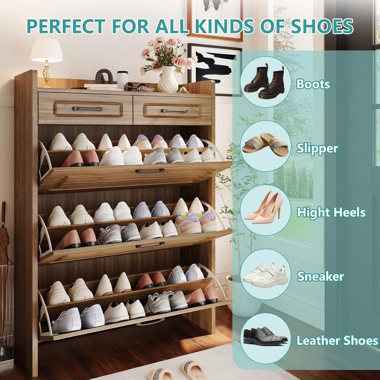 Shoe Cabinet with 3 Large Flip Drawers and 2 Storage Drawers, Narrow Shoe Organizer Cabinet Fits for Kinds of Shoes, Slim Shoe Storage Cabinet for Entryway, Hallway, Walnut