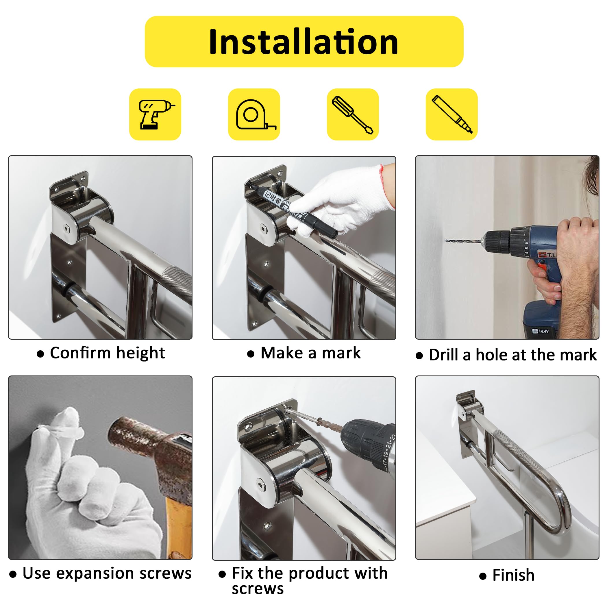 Barra de agarre para discapacitados, 23.6 pulgadas de acero inoxidable de 1.25 pulgadas de diámetro, rieles de seguridad para inodoro para baño con soporte de papel, riel de soporte