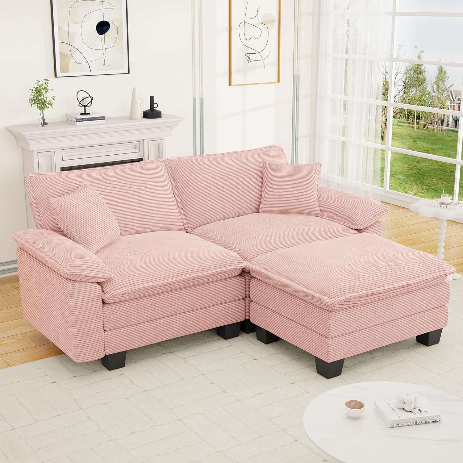 80.5" Loveseat Sofa with Movable Ottoman, Comfy Corduroy L-Shaped Love Seat Modular Sectional Couch with 2 Pillows, 2-Seat Deep Seat Cloud Sofa with Chaise for Small Spaces Bedroom Apartment, Pink
