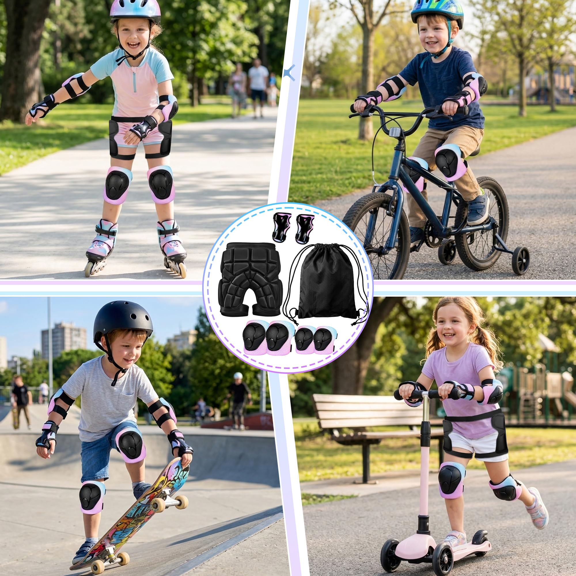 Set di ginocchiere per bambini, con gomitiere, polsiere, protezioni per fianchi e zaino, per skateboard, scooter, bicicletta e pattini in linea
