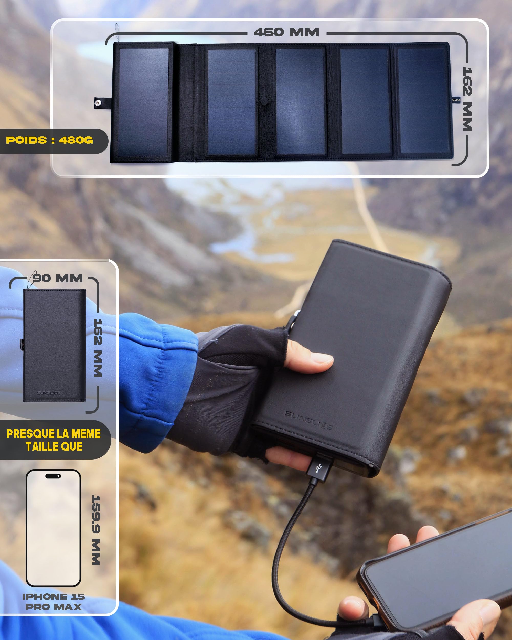 Mini Batterie Externe Solaire Portable 10000 mAh 8W Sunslice Electron, Plus Petit Chargeur Solaire, Panneau Solaire Portable pour Smartphone, pour Randonnée, Compatible avec Toutes Les Marques, Noir