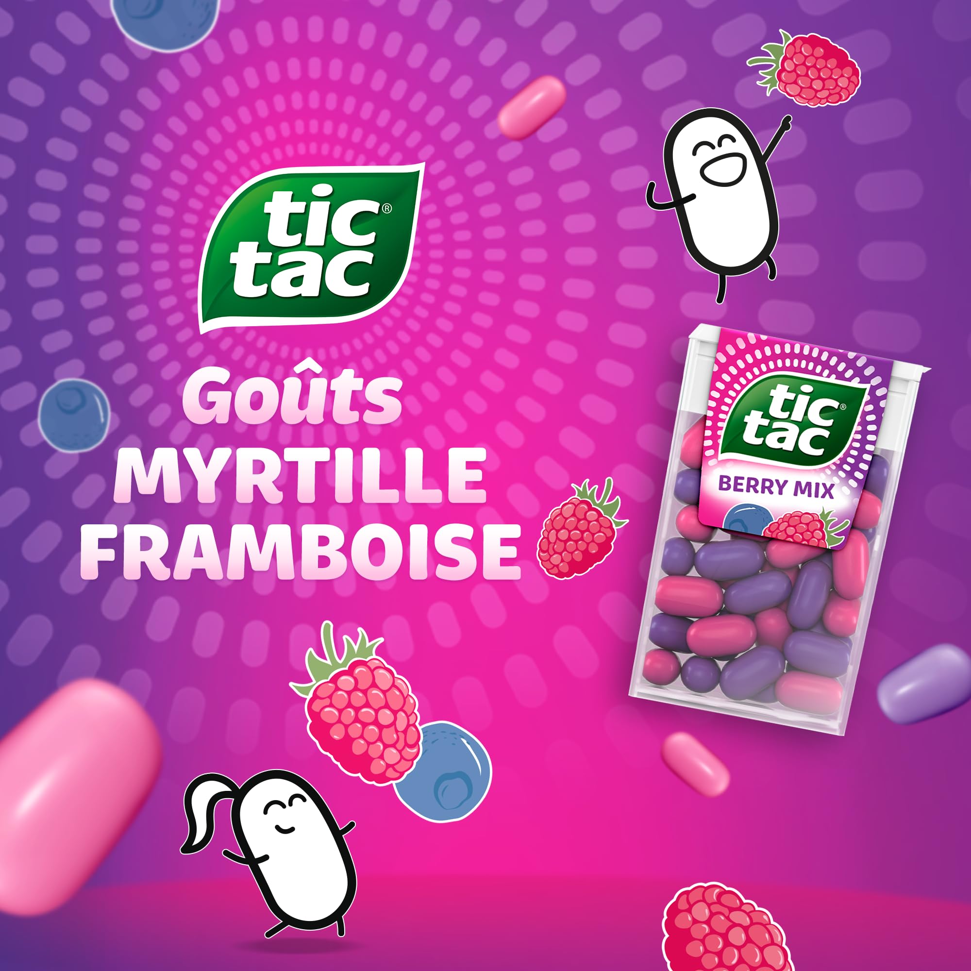 TicTac Goûts Framboise et Myrtille - Bonbons sucrés aux fruits - Format de Poche - 24 boites x 18g