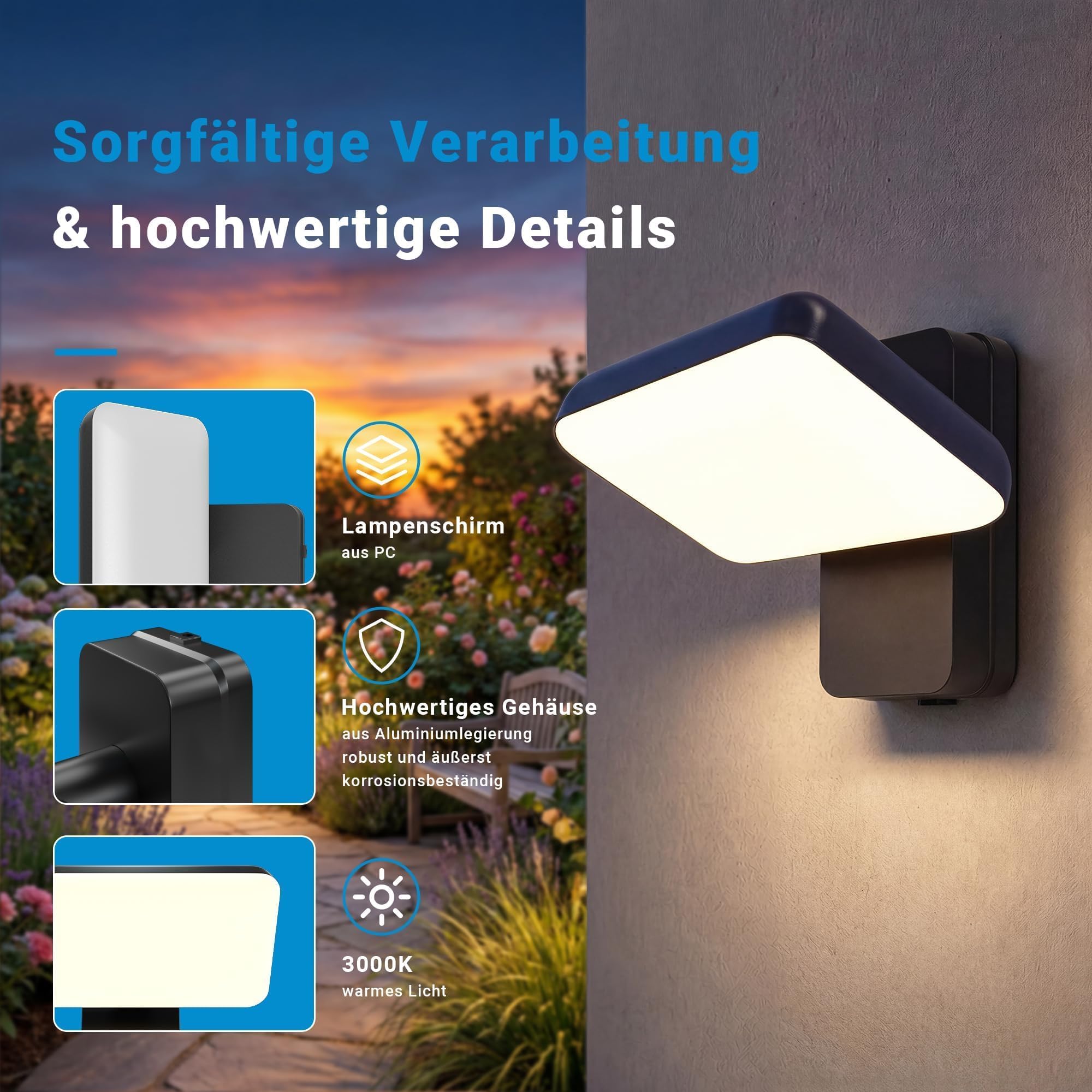 20cm LED Wandleuchte Außen 18W, 350° Schwenkbar Villa Wandleuchte Anthrazit IP65 Wasserdicht, 3000K Außenlampe für Außenbeleuchtung Hauswand & Terrassenlampen