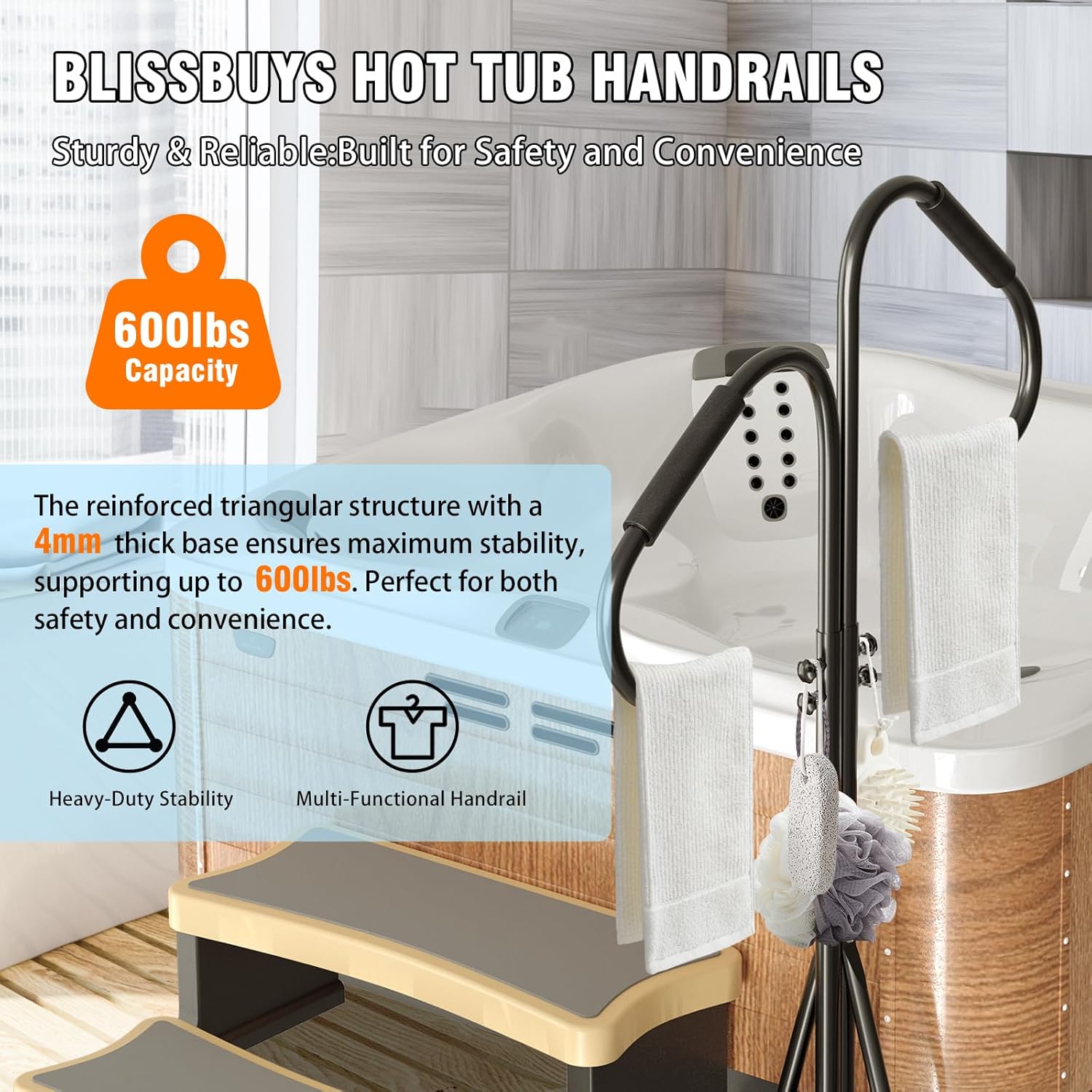 Hot Tub Handrails 48-57 Inch Adjustable Two Way Hot Tub Handrail, 700LB Capacity 360° Swivel Assist Rail for Indoor Outdoor Spa Bathtub Entry and Exit, Black