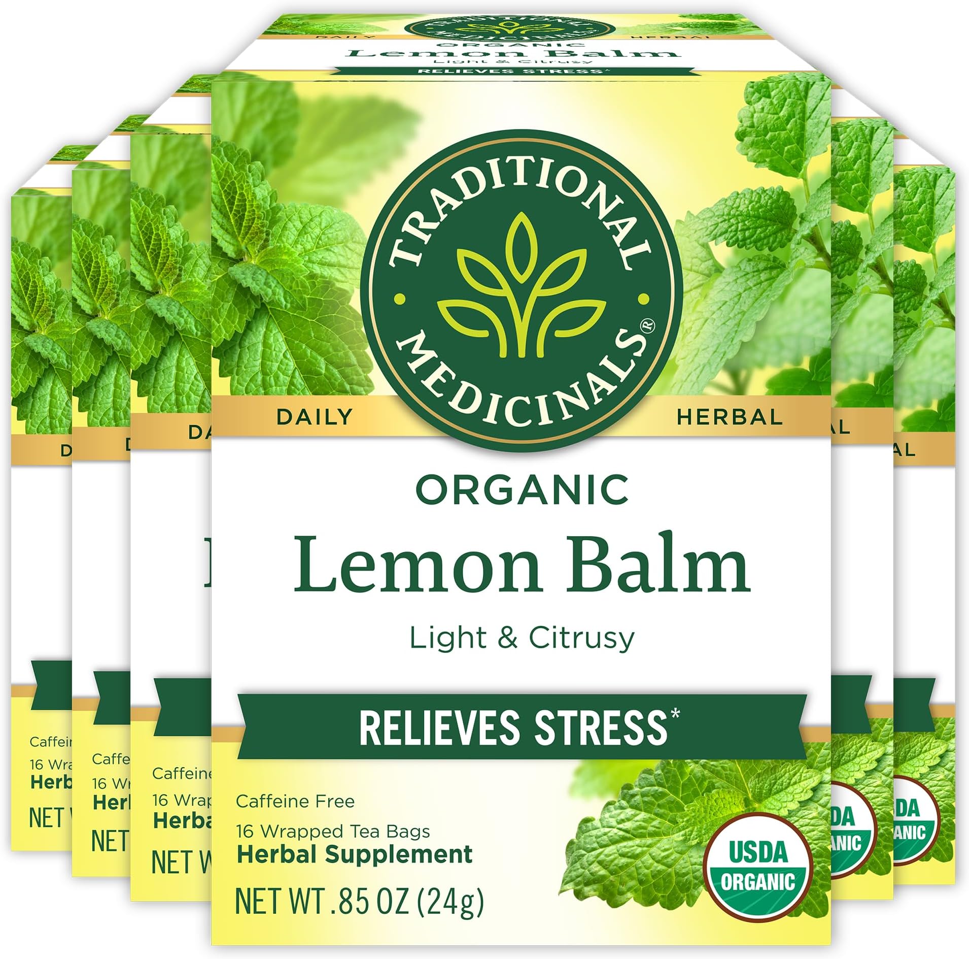 Traditional Medicinals - Organic Lemon Balm Herbal Tea (6 Pack) - Stress Relief & Supports Digestion - 96 Tea Bags Total