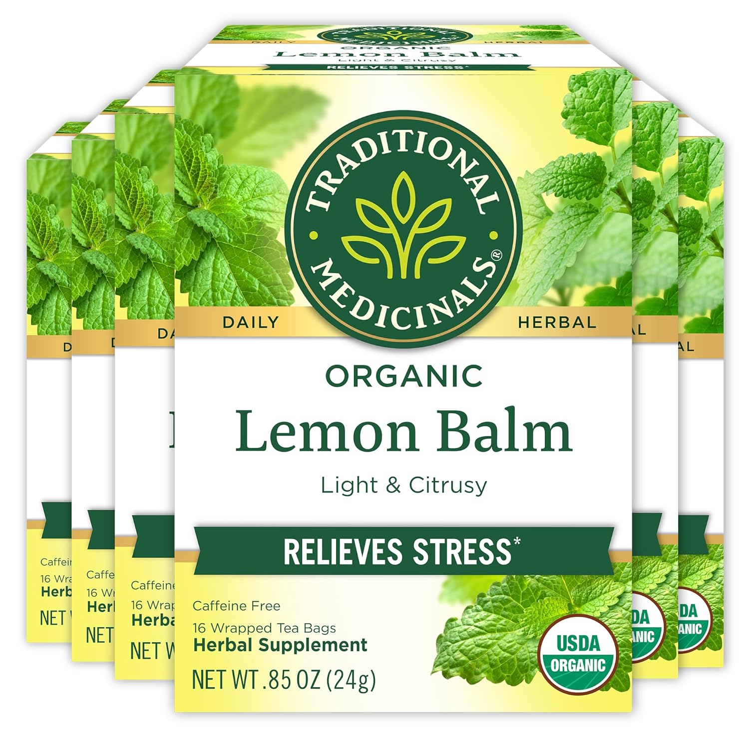 Traditional Medicinals - Organic Lemon Balm Herbal Tea (6 Pack) - Stress Relief & Supports Digestion - 96 Tea Bags Total