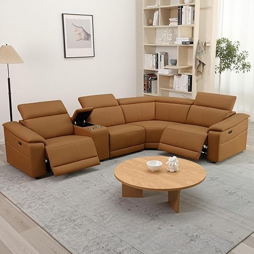 Power Recliner Sectional Sofa, L-Shaped Living Room Furniture Set, Leather Recliner Sofa,Reclining Sectional Couch with Storage Console/Cup Holder for Living Room/House/Apt (Light Brown, 4 Seater)