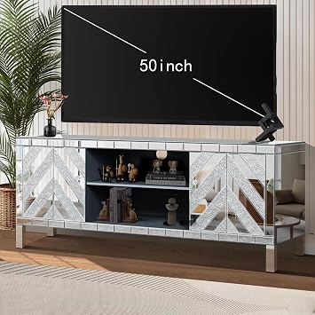 Mirrored TV Stand with Sparkling Crushed Diamond for 55 Inch TV, Modern Entertainment Center with Storage Cabinets and Adjustable Shelf Media Console for Living Room Bedroom 47" B