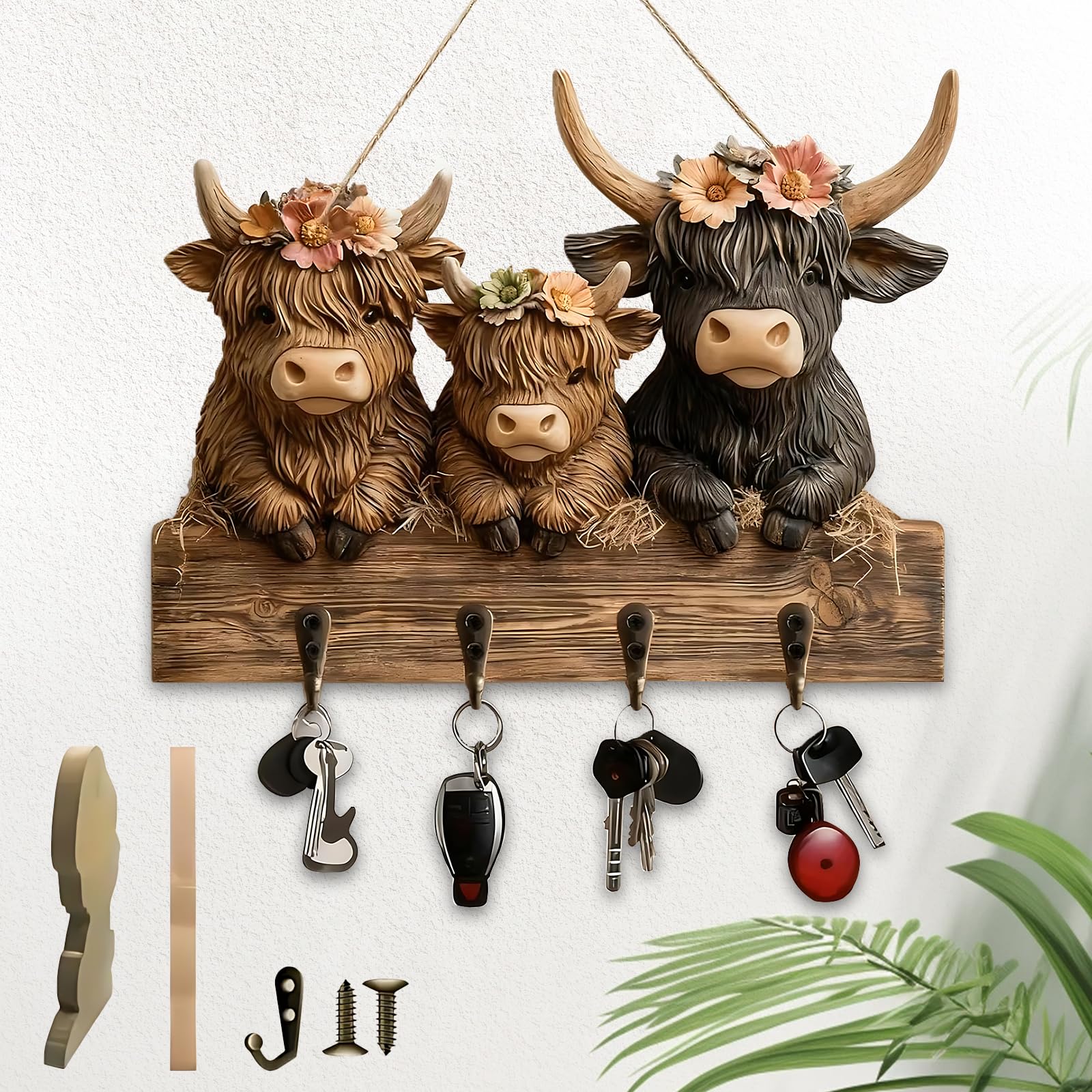 llikknve 2D Flat Highland Cow Ornaments Key Holder,Highland Cow Ornament with 4 Hooks,Bullhead Animal Wooden Towel Hook Coat Hanger for Entryway,Hallway,Farmhouse,Unique Home Decor and Gift