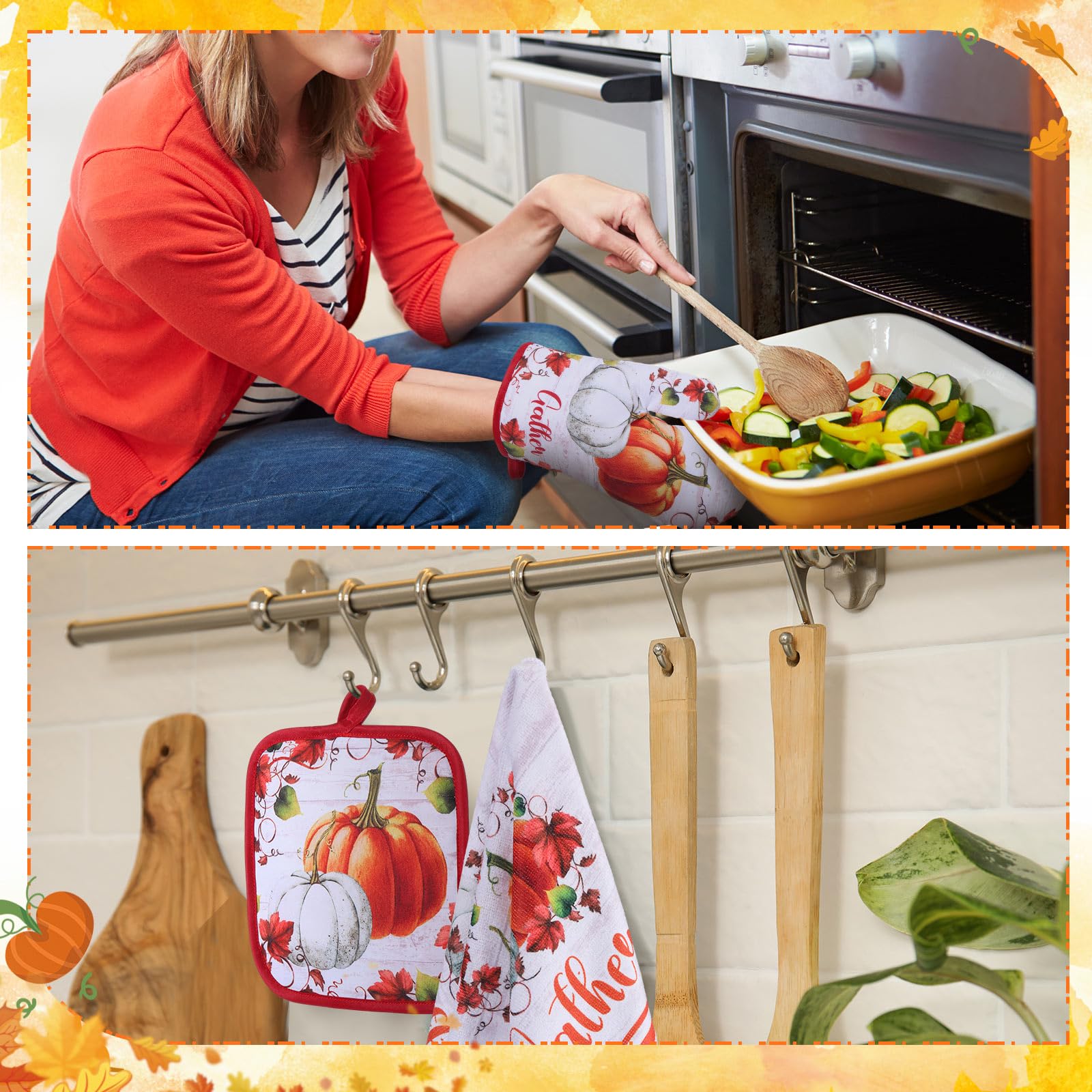 Juego de 6 accesorios de cocina de otoño, incluyendo paños de cocina de calabaza, guantes de horno, soportes para ollas, cosecha, hojas de arce, regalos para otoño, otoño, Acción de Gracias 5