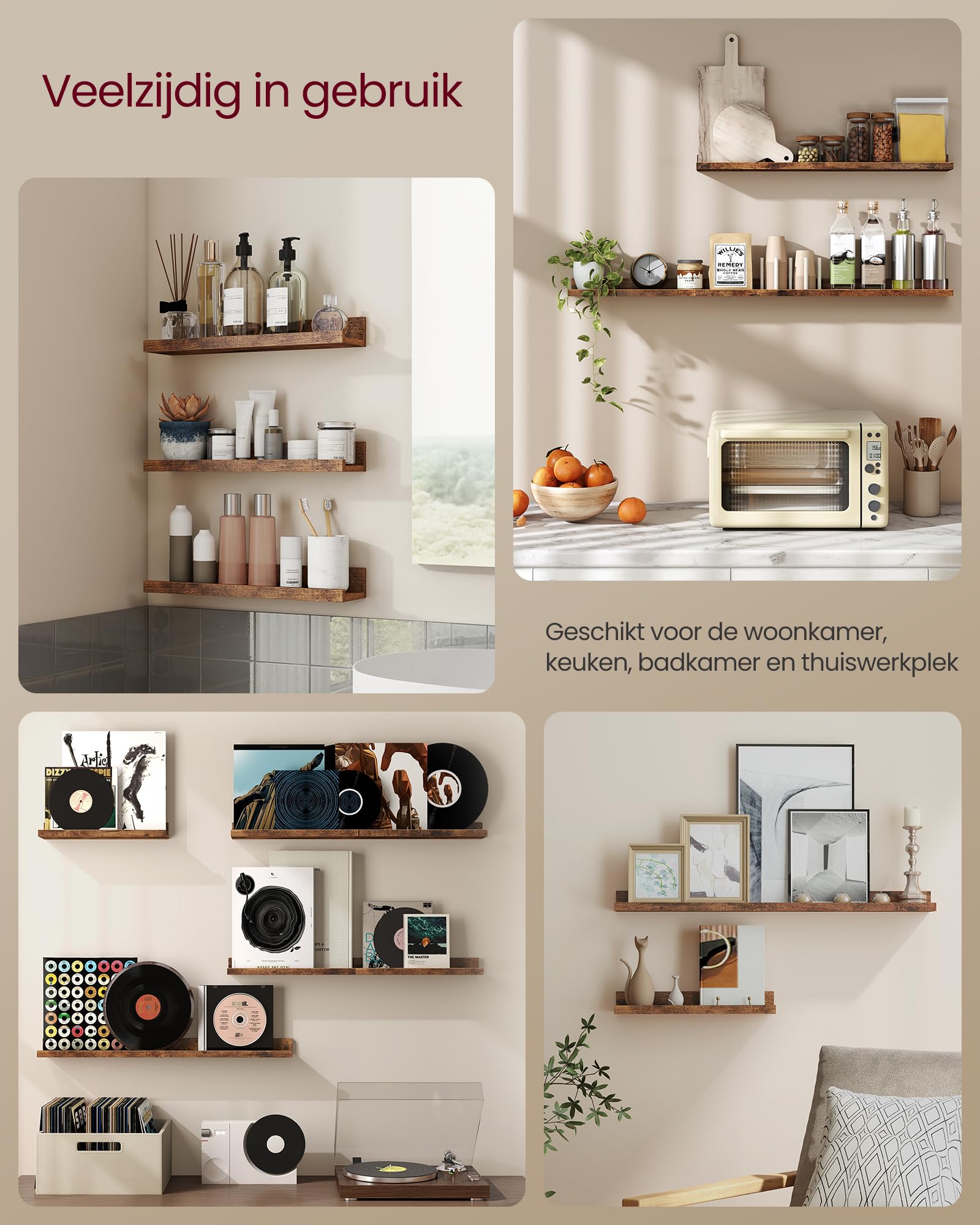 VASAGLE LWS037X01 Hangplanken, set van 3, zwevende planken, lengte 38 cm, met hoge randen, voor fotolijst, decoratie, specerijen, voor keuken, woonkamer, rustiek bruin