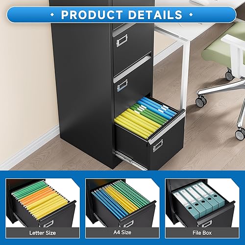 Miniatura 5 de BYNSOE Archivador de 4 cajones con cerradura, archivador vertical de metal para oficina y hogar, archivador vertical para tamaño A4 legalcarta,