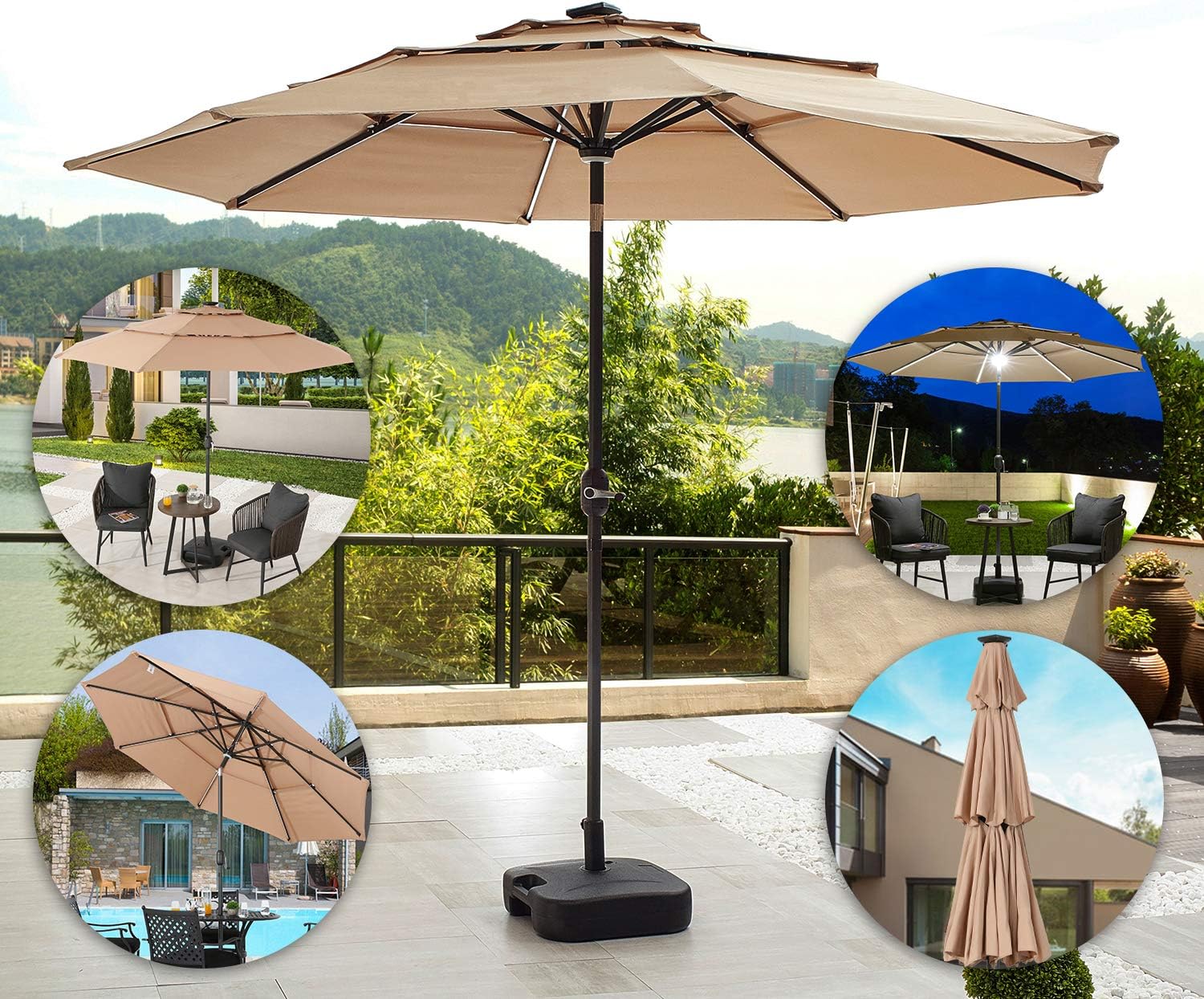 Festival Depot Outdoor 3 Tiers Ventilation Market Aluminum Umbrella Push Button Tilt Easy Crank Open/Close Center Light 8 Solar Powered LED Lights Bars All-Weather (9.8 FT Patio Umbrella Khaki)