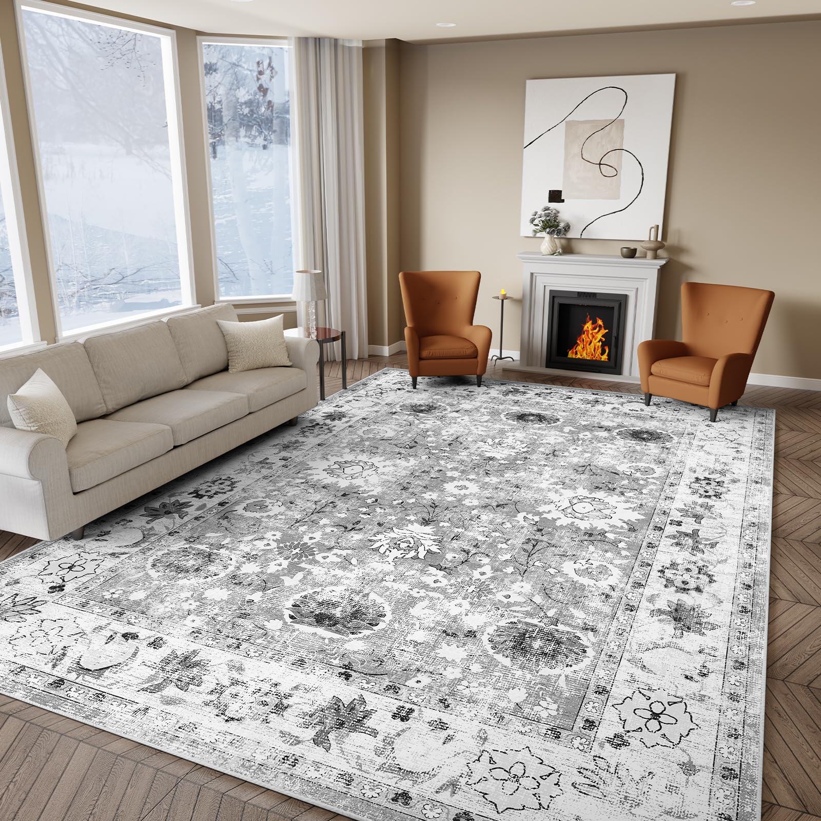 IKALIFE Tappeto Salotto Lavabile Lavatrice - Tappeto Soggiorno Vintage Tappeto Pelo Corto Tappeto Grande Tappeto Camera da Letto, Morbido Antiscivolo per Sala, Pranzo 160x230 cm Grigio
