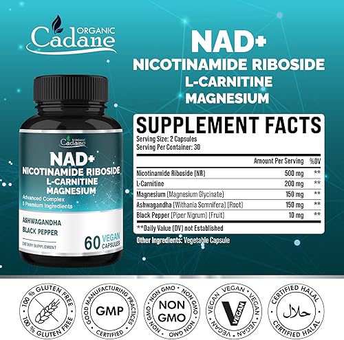 Miniatura 2 de Organic Cadane Suplemento de ribósido de nicotinamida con L-carnitina, glicinato de magnesio, Ashwagandha, pimienta negra  Apoyo para la salud y el