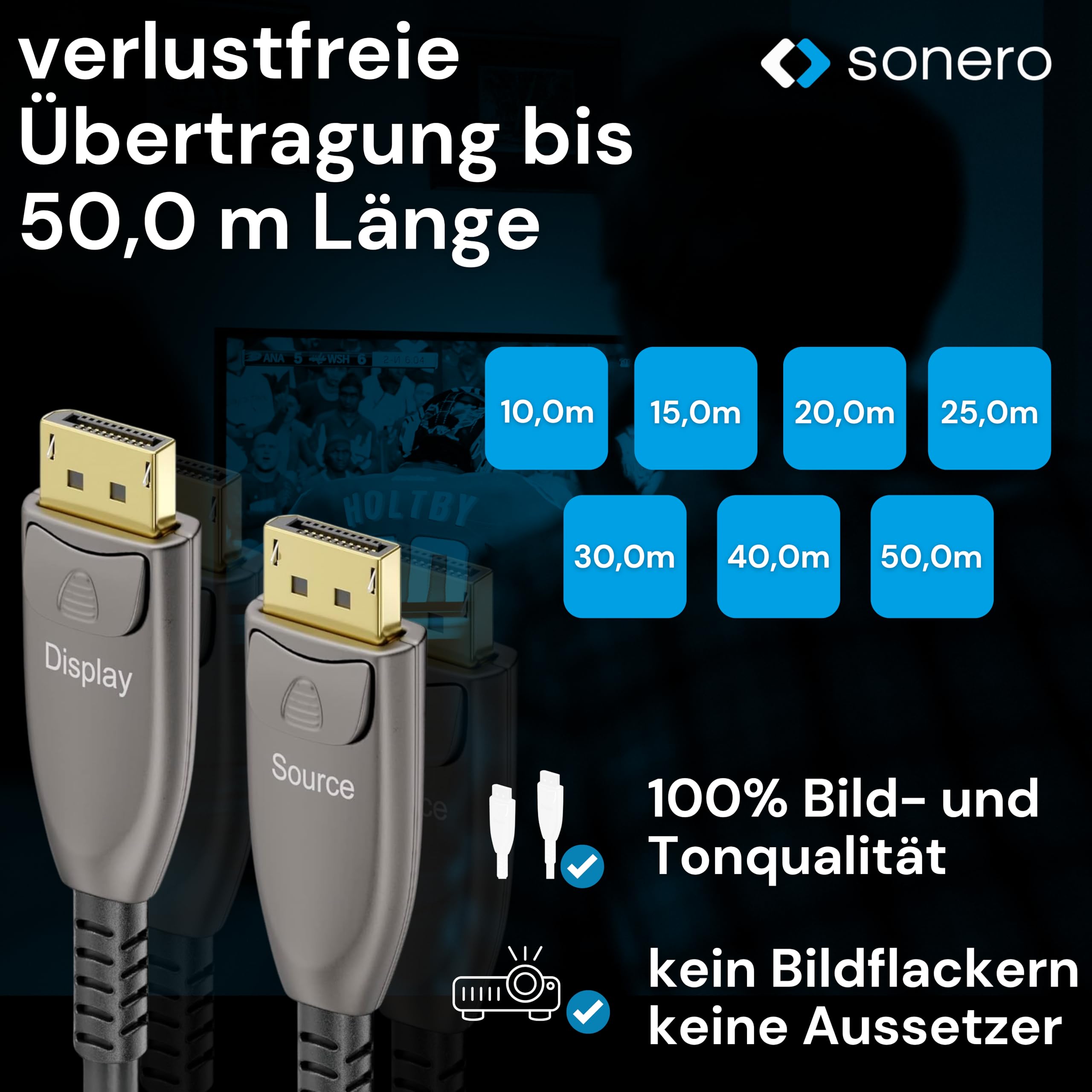 Sonero® Cavo 8K-DisplayPort 1.4, cavo ibrido in fibra ottica, risoluzione fino a 8K 60 Hz (7680 x 4320) / 4K 120Hz (3840 × 2160), supporto HDR e DSC, antracite, 20 metri