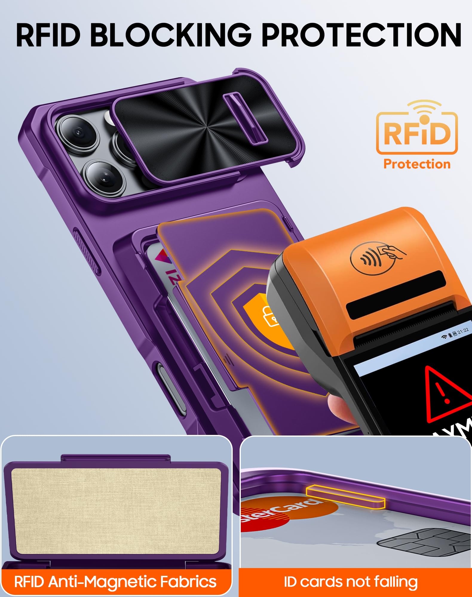 Vizvera iPhone 16 Pro Max Case with RFID Card Holder, Slide Camera Cover, Kickstand, Matte Hard Back, TPU Soft Edge Case - Purple - Image 2