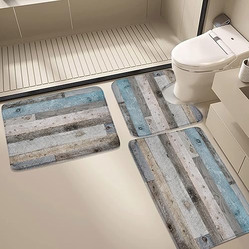 YSSFAV 3 tapetes de baño de color azul y gris verde azulado rústico tablero de madera estilo granja occidental vintage puerta de granero baño,
