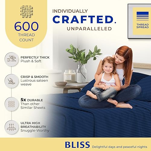 Miniatura 6 de THREAD SPREAD Juego de sábanas de lujo de algodón egipcio, tamaño Queen, 600 hilos, fibras extralargas, 4 piezas, tamaño Queen, damasco, suaves y