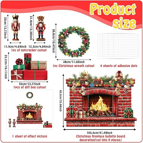 Miniatura 2 de Chimenea de Navidad de 41.5 x 34 pulgadas, tablero de anuncios de ladrillo rojo grande, corona de Navidad, guirnalda de cascanueces, recortes de