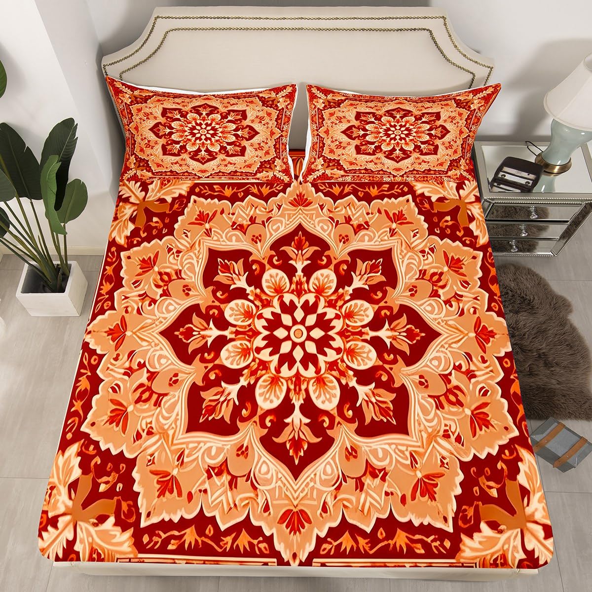 Peony Oriental Medallion Twin Sheets Art Deco Floral Bed Sheets, Vintage Paisley Fitted Sheet Hippie Flower Bed Sets, Retro Rustic Farmhouse Bedding