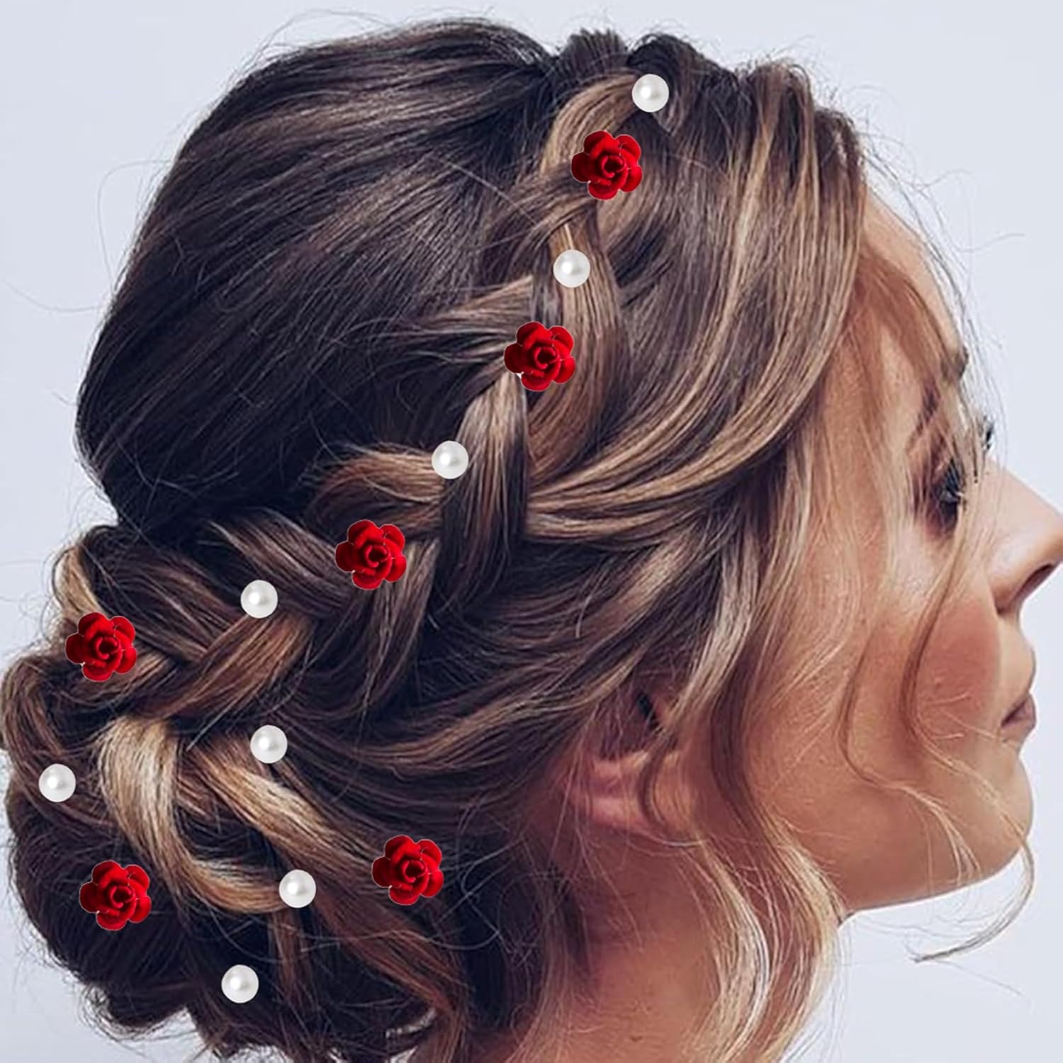 Frescorr 12-Piece (6-Pearl /6-Small Red Flower U-Pins) Hair Accessories for Women & Girls – Decorative Beaded Hair Clips for Brides and Special Occasions – Perfect for Weddings and Parties