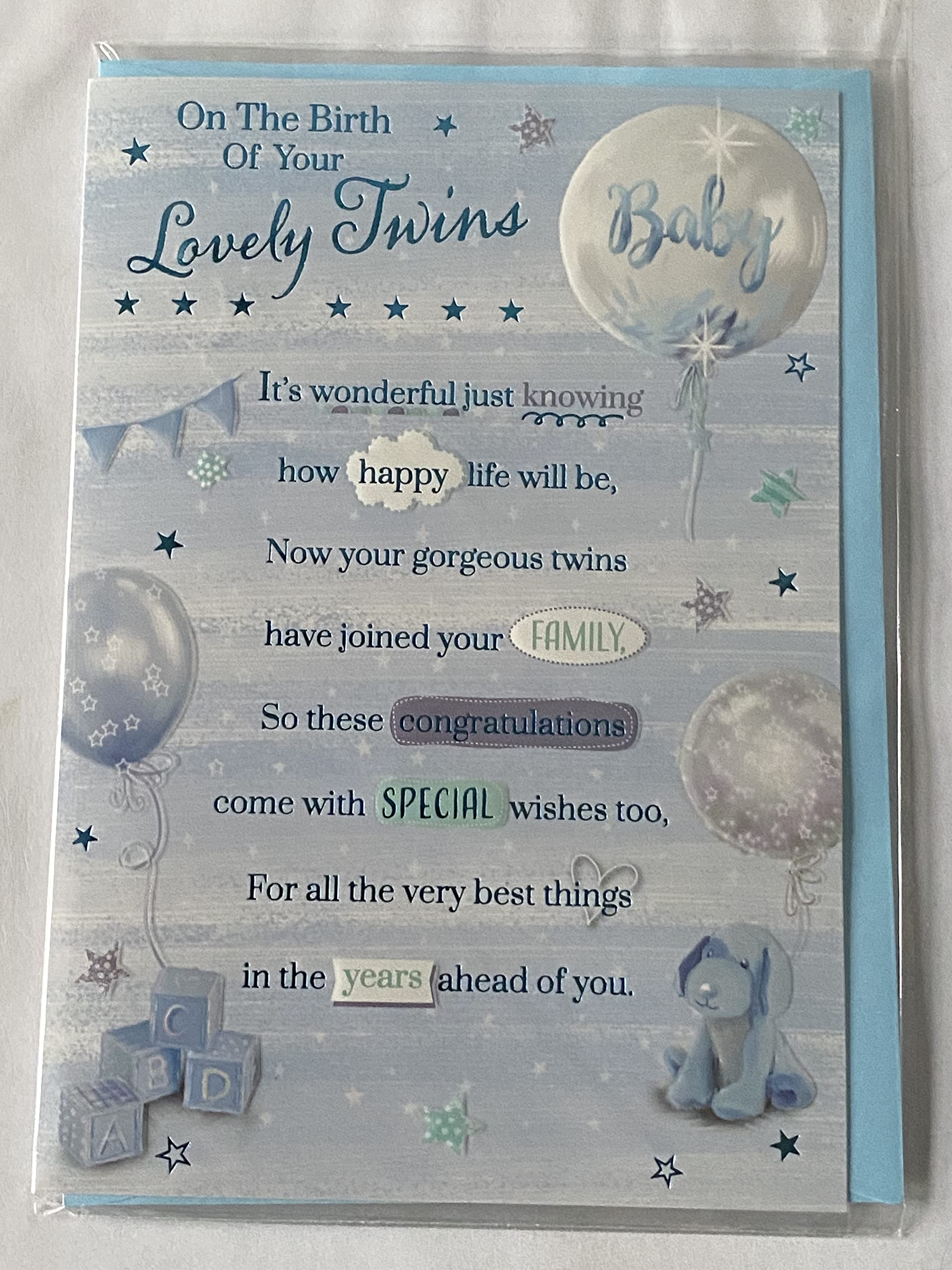 POPPY HILL On The Birth Of Your Lovely Twins Congratulations Twin Boys New Baby Boy Born Birth Card Teddy/Horse/Balloons/Blue Words Foil Detail(PH48414)