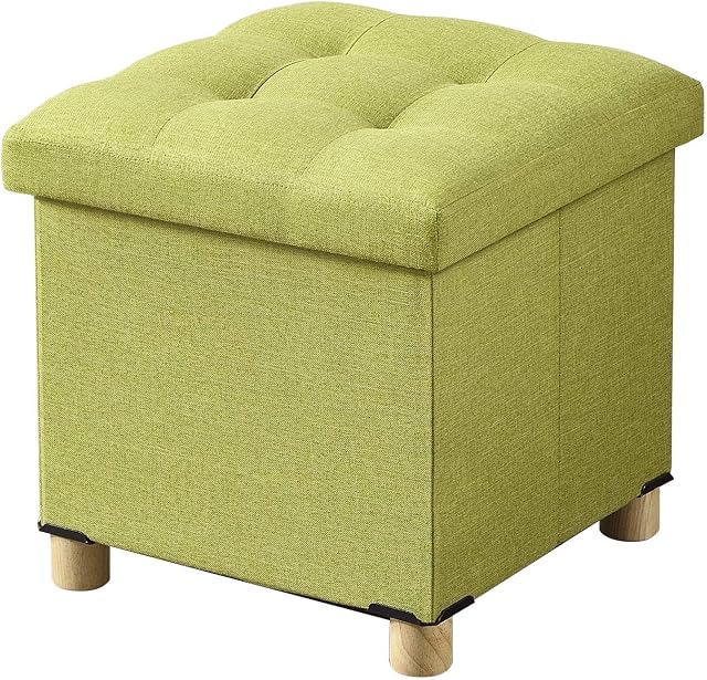 BRIAN & DANY Folding Ottoman Storage Box with Wood Legs, Linen Foot Stool, Pouffe Footstool with Highly Elastic Sponge Filling, Green, 38 x 38 x 38 cm