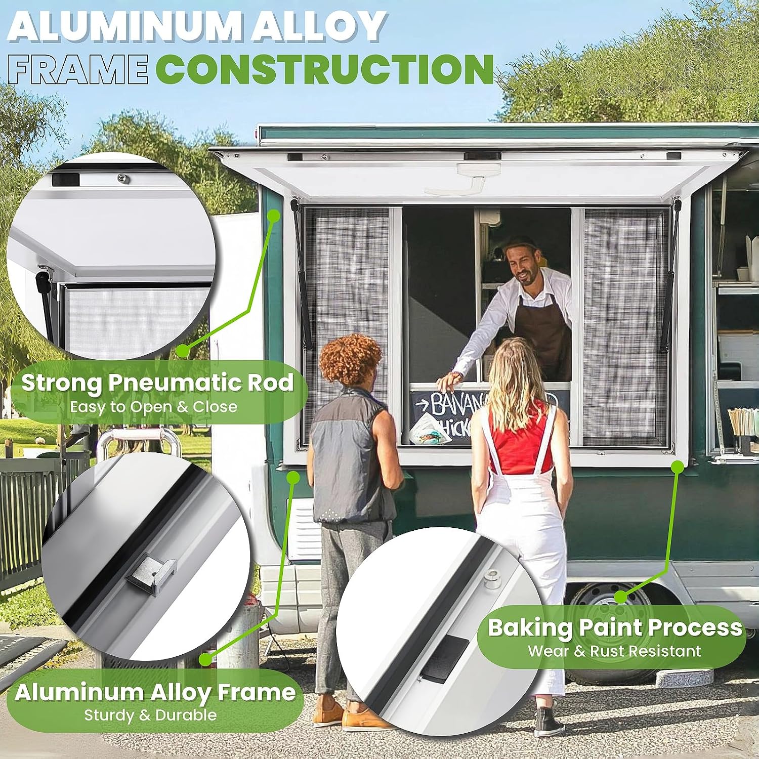 Upgraded Concession Window for Food Truck 36" W x 36" H Aluminum Food Truck Service Window Concession Serving Window with Awning Door & 4 Screen Windows for Concession Trailers | US Stock