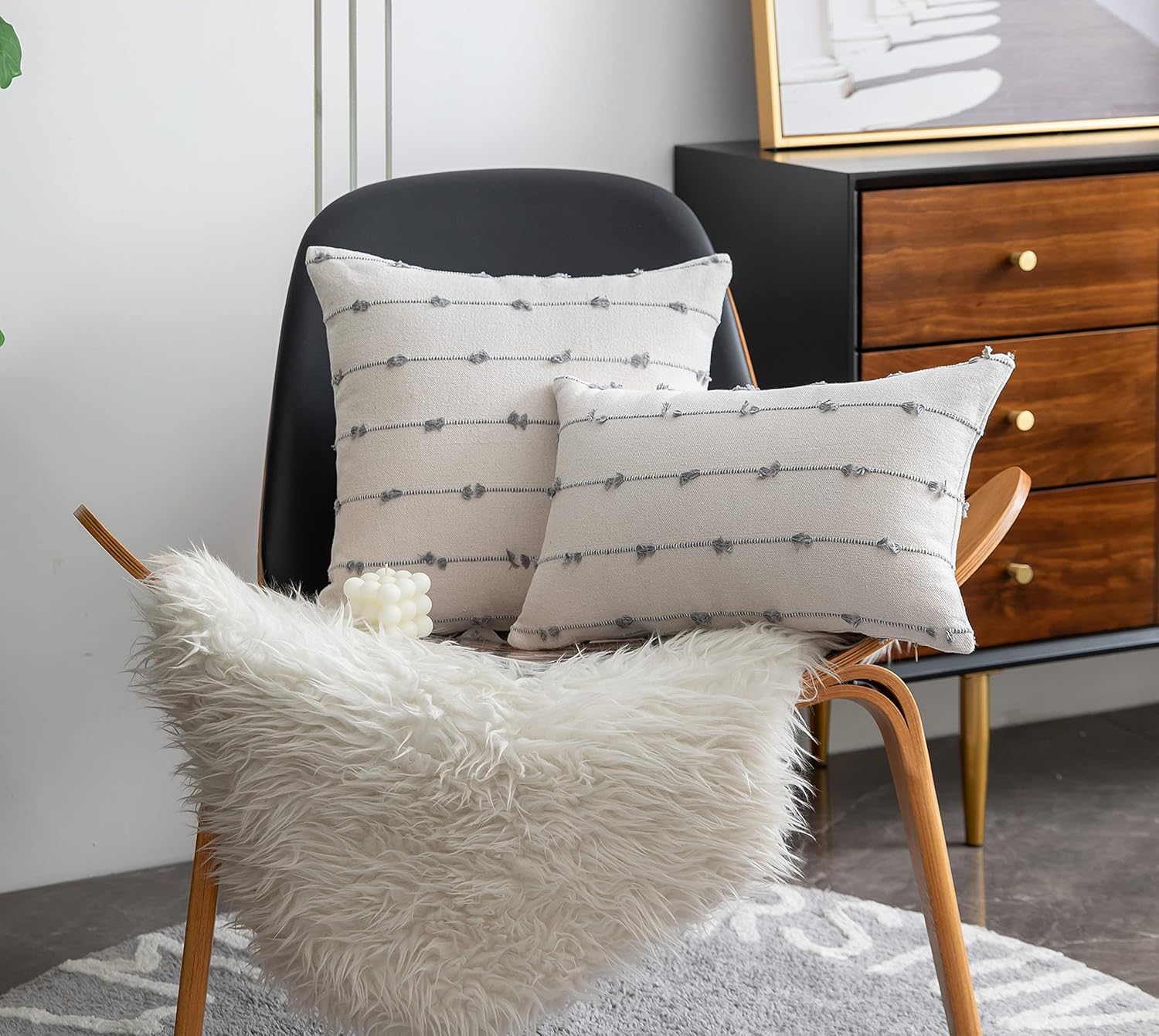 Caflife Boho Throw Pillow Covers 12x20 inches Beige and Grey, Set of 2 Modern Farmhouse Decorative Pillow Covers for Couch Bed, Living Room