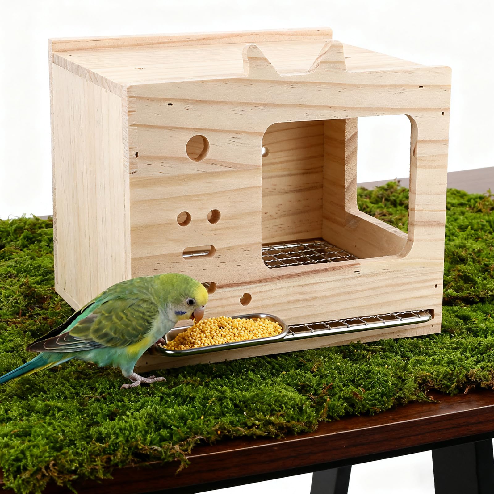 Nido de Pájaro para Periquito de Jaula de Madera con Base Extraíble | Ventilación Interior, Protección Año, Uso en Jaulas de Aves, Formato Compacto y Elegante