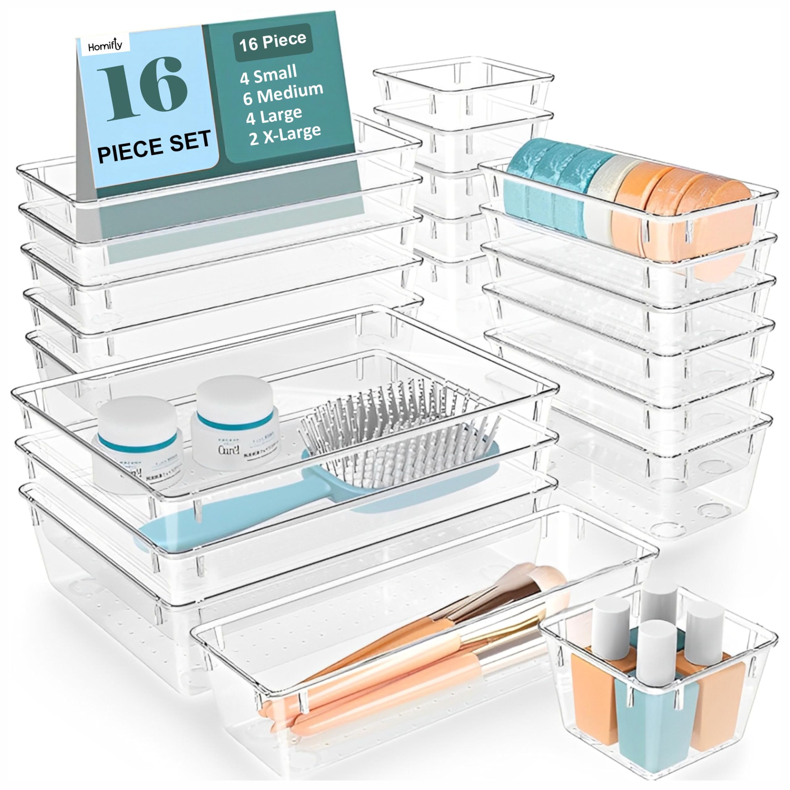 HOMIFLY 16 Pieces Unbreakable Drawers Organisers/Multipurpose Drawer Organizer Tray/Storage Box for Dressing Table/Makeup Organiser Tray/Storage Bins For Bathroom/Kitchen - (Transparent)