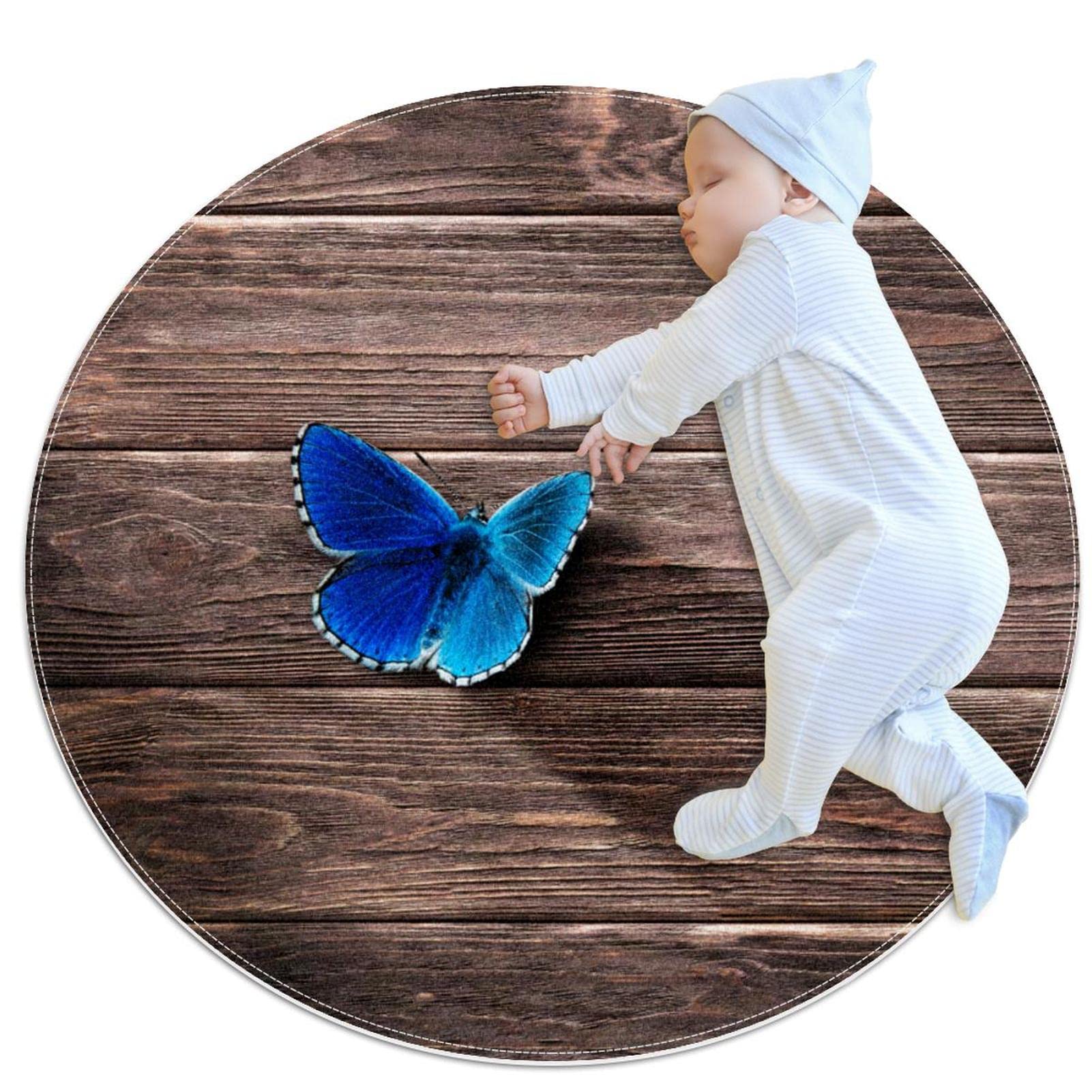Tapis papillon bleu en bois rond JDEZ pour une chambre douce et poétique