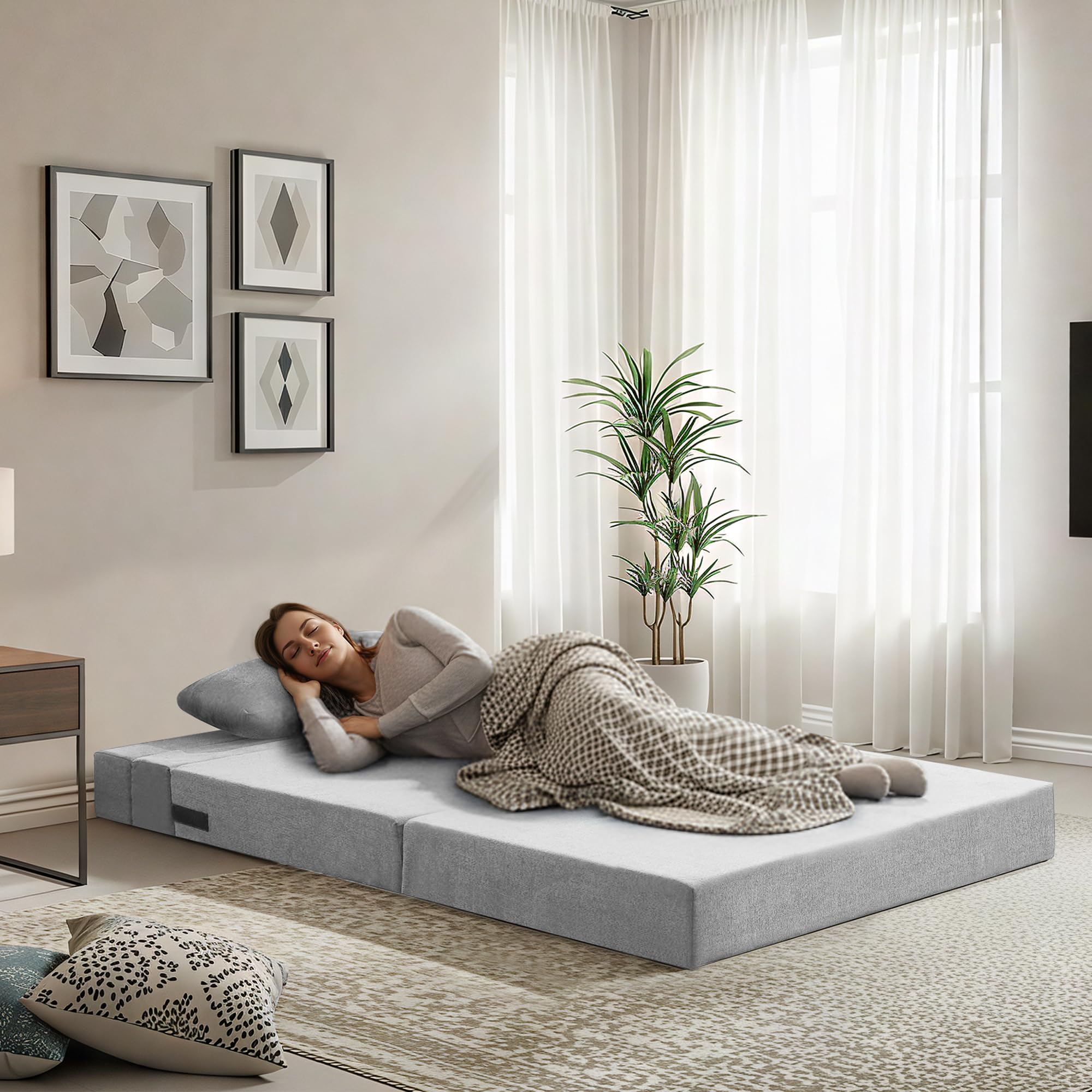 Doppelte Schlafsofa 100 x 203 cm - Faltbare Schlafcouch Gästematratze für 2 - Schlaffunktion, Bettcouch für Wohnzimmer Schlafzimmer mit Memory Schaum & Kissen, Bodensessel Waschbar Set Hellgrau