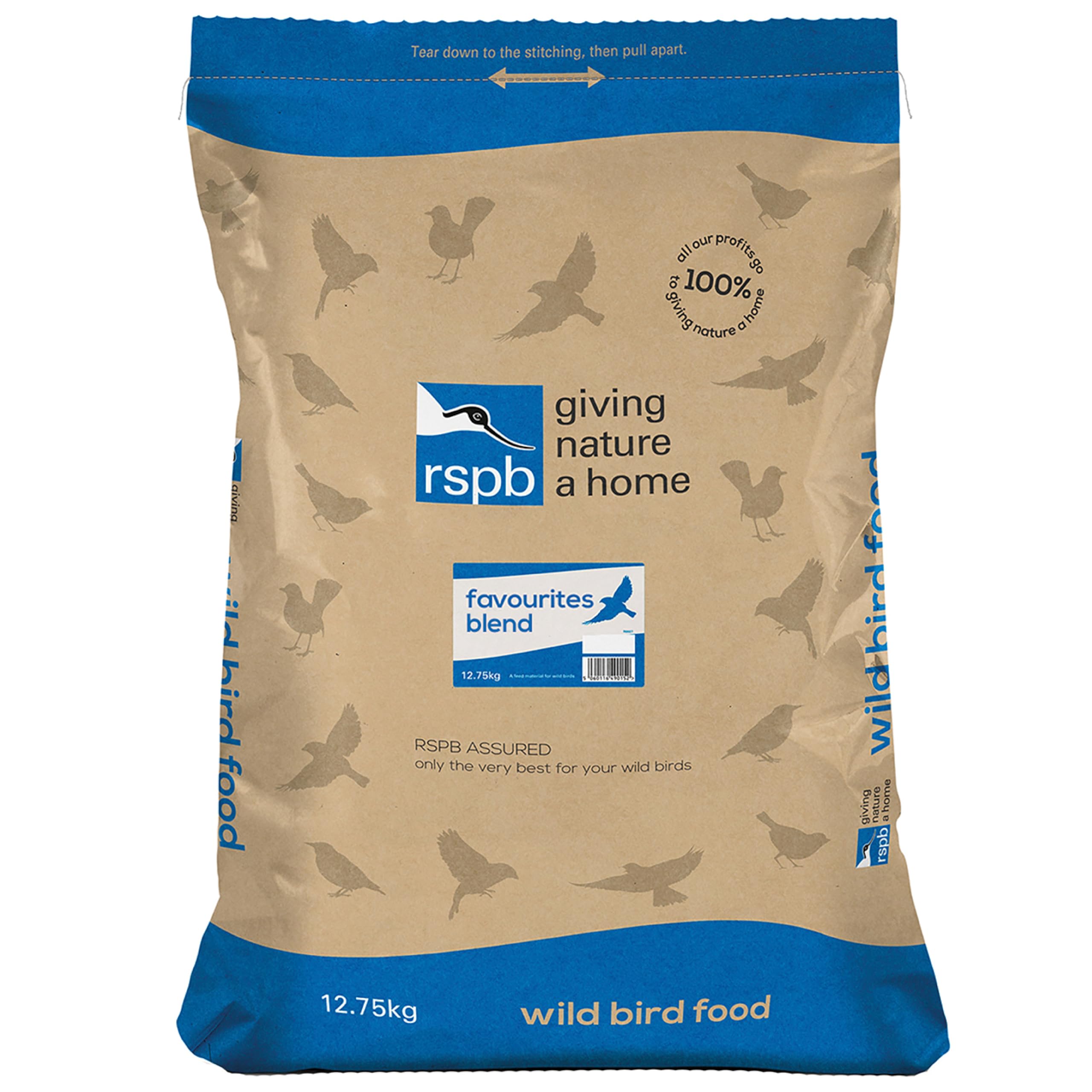 RSPB - Wild Bird Food for Small Birds, High Energy Food, Wild Bird Seed Mix with Sunflower Hearts and Dried Mealworms, Made in the UK (Favourites Blend) (12.75kg)
