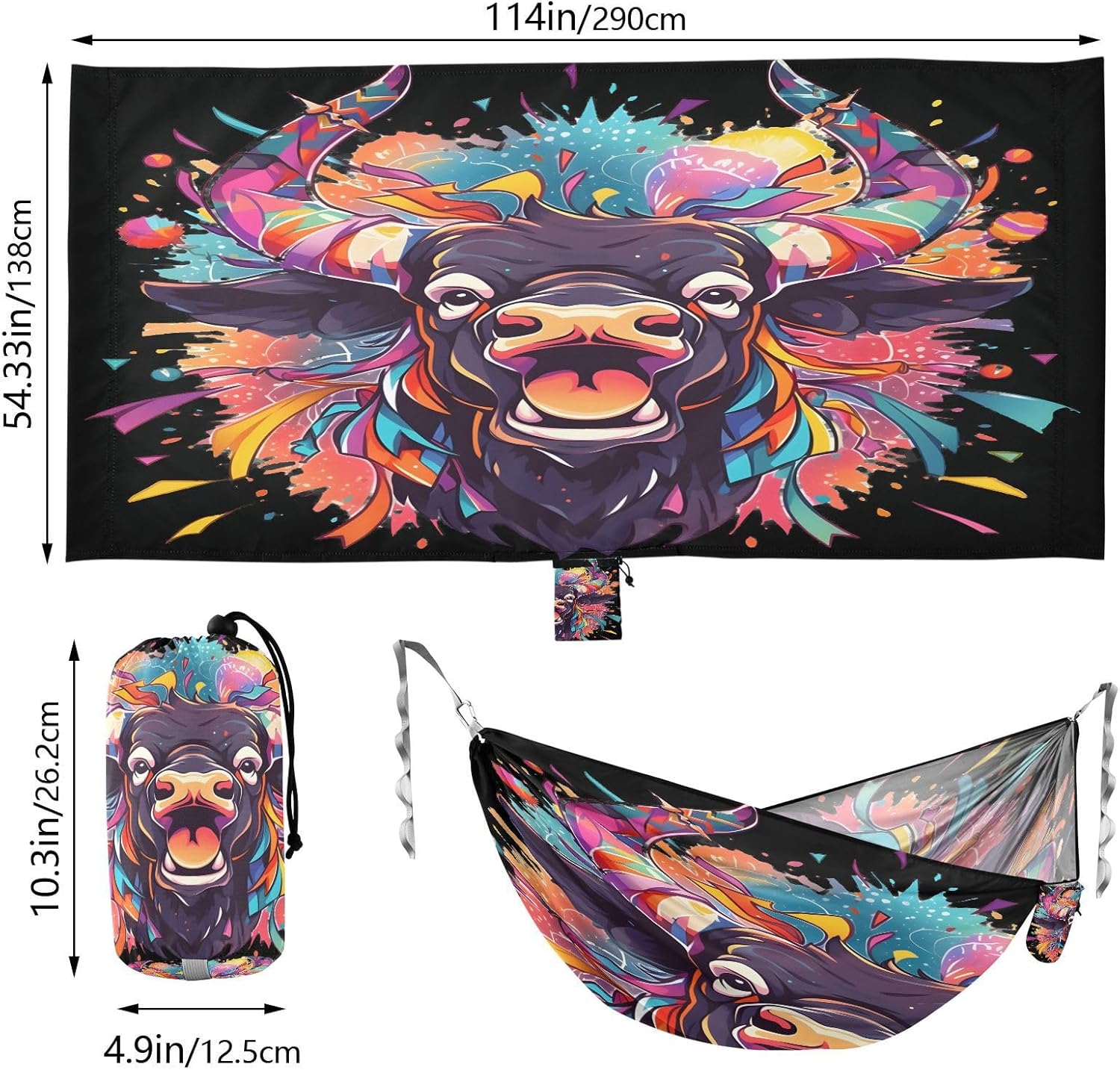 ALAZA Colorful Yak Bull Camping Hammocks Single or 2 Person 500 lbs Portable Parachute Travel Hammock w/Tree Straps for Hiking Backpacking Indoor Outdoor