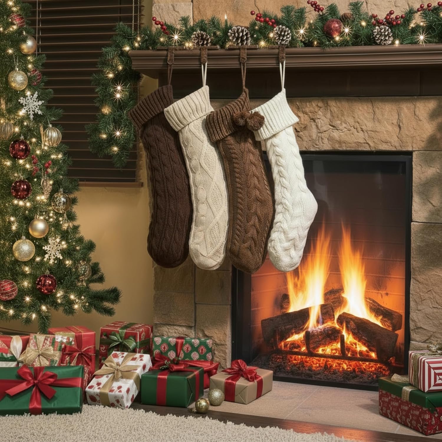 Shyyween 4 Pack Cable Knit Christmas Stockings 18 Inch Farmhouse Large Rustic Neutral Knitted Stockings Ornaments Hanging Xmas Decorations for Family Holiday Party Decor(Stylish Style)
