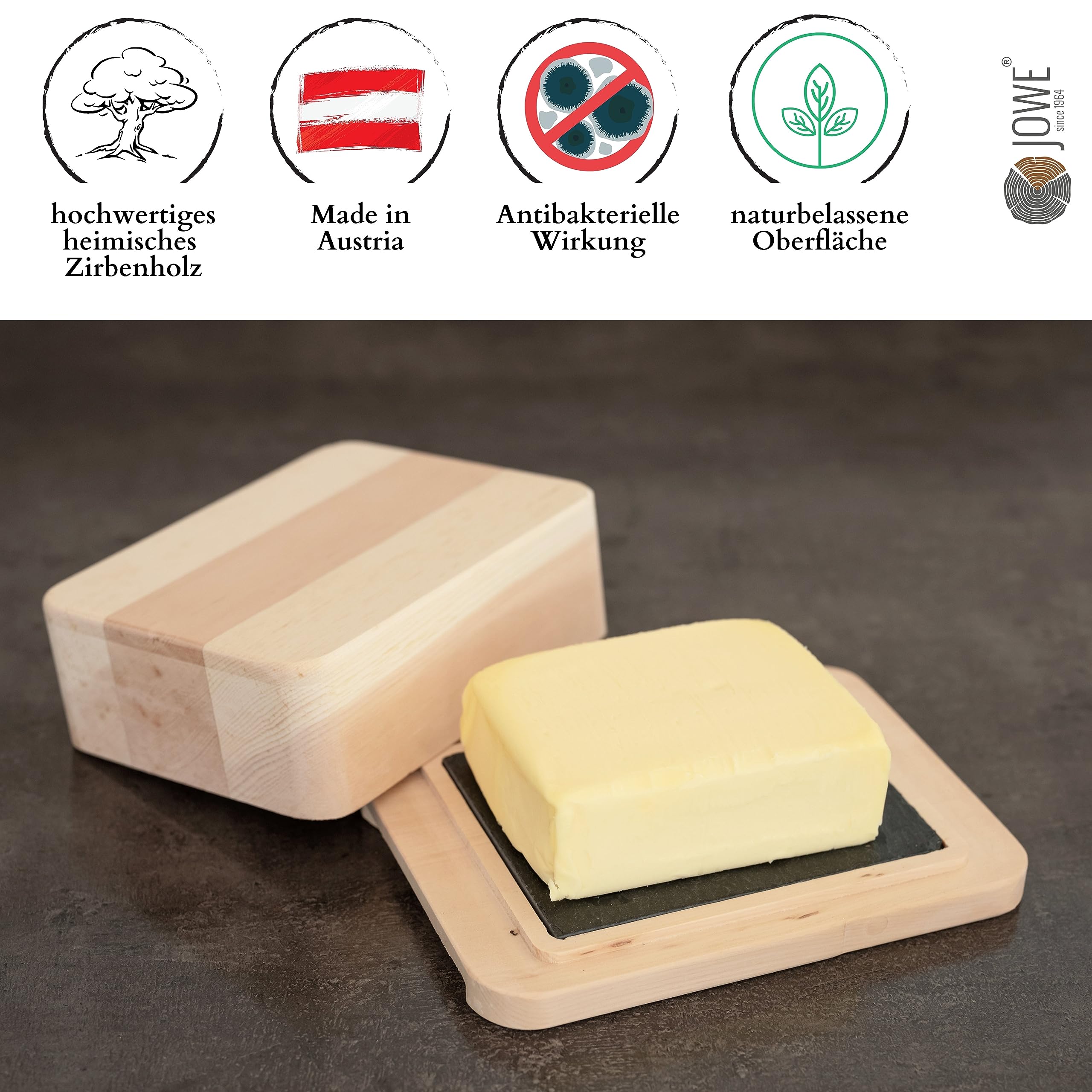 JOWE personalisierte Butterdose aus Zirbe | Zirbenbutterdose mit HPL Platte | made in Austria | Mit Gravur