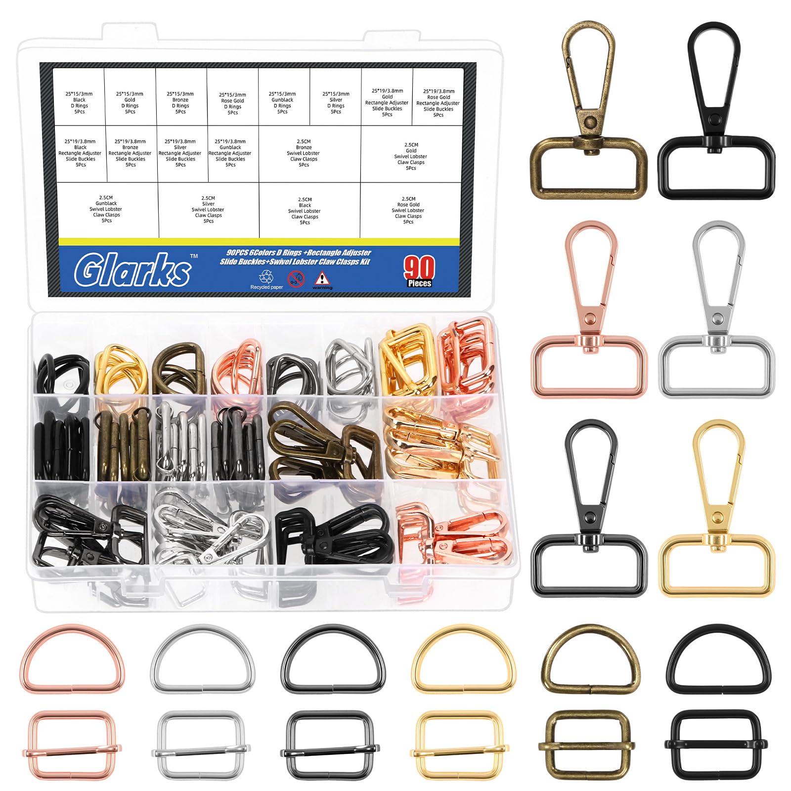Glarks 30Sets 6 Colors 2.5cm Swivel Lobster Clasp Kit, Includes 30 pcs D Ring Clasp Claw Snap Hook, 30pcs Semi-Circular D Ring and 30pcs Rectangle Adjuster Slides Buckle, Keychain Clip for Jewelry/Bag