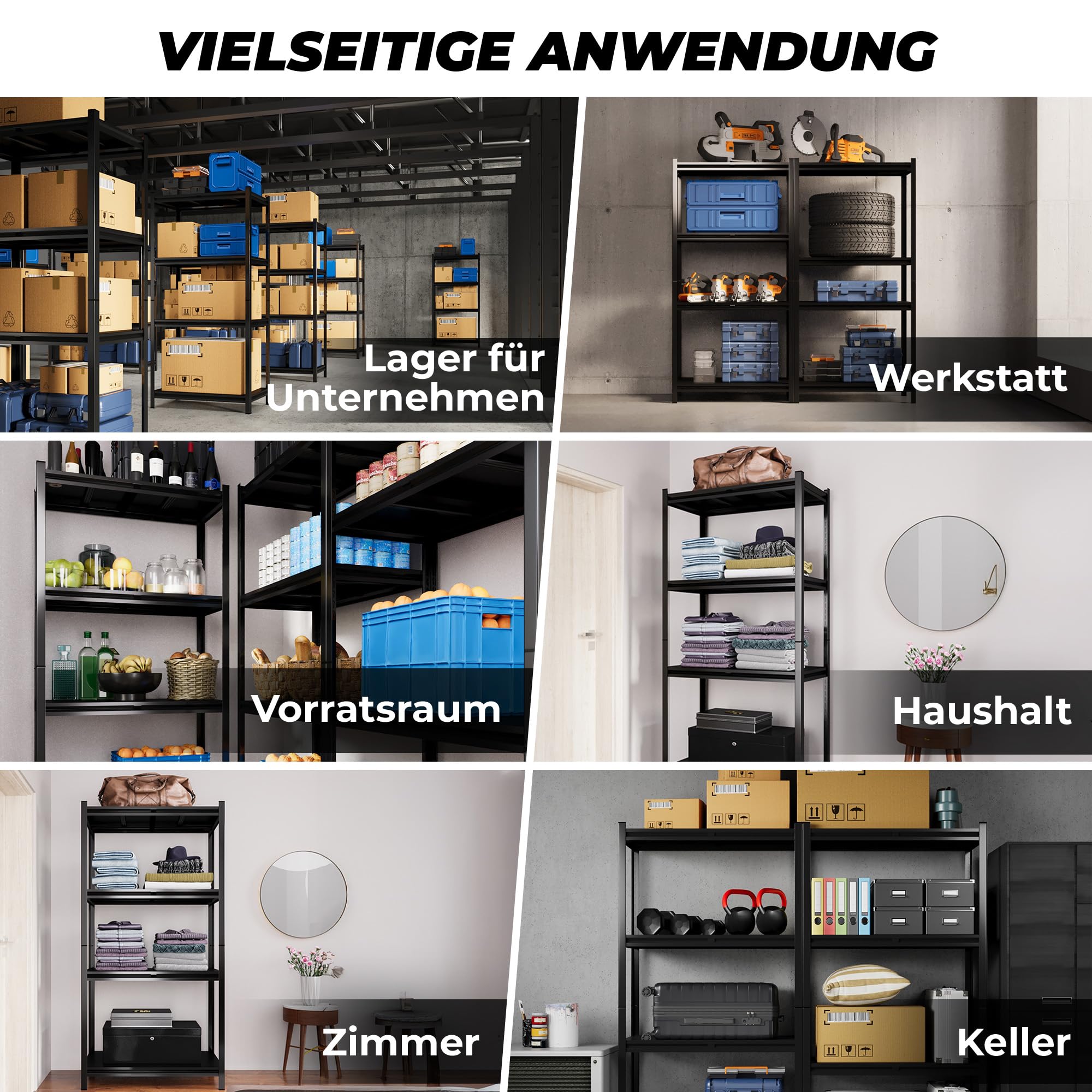 ALL Premium Metallregal Schwarz mit Schwerlastregal Metallböden 200x100x50cm - 1000kg Traglast 100% Kaltgewaltzer Stahl - Regal 100 cm Breit, Regal 50cm tief lagerregal Metall