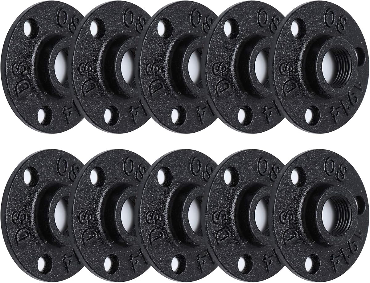 Brida de piso pintada de negro antioxidante de 1/2", paquete de 10 accesorios de tubería de hierro maleable para estilo industrial vintage, bridas con orificio roscado para proyectos de bricolaje/muebles/decoración de estanterías (10, 1/2")