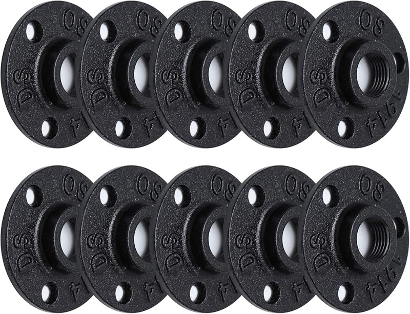 Brida de piso pintada de negro antioxidante de 1/2", paquete de 10 accesorios de tubería de hierro maleable para estilo industrial vintage, bridas con orificio roscado para proyectos de bricolaje/muebles/decoración de estanterías (10, 1/2")